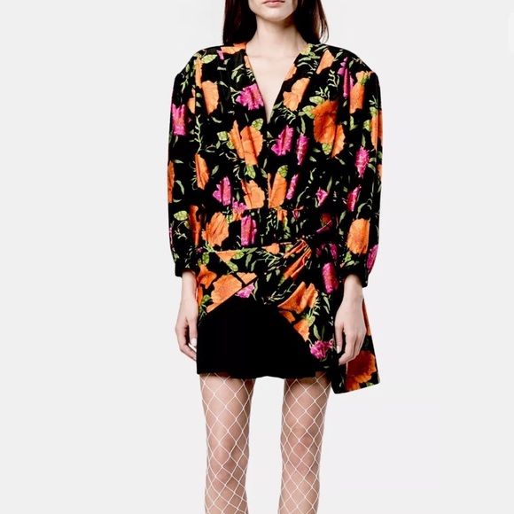 BALENCIAGA Floral Asymmetrical Hem Pleated Bunched Waist Mini Dress - Picture 4 of 9